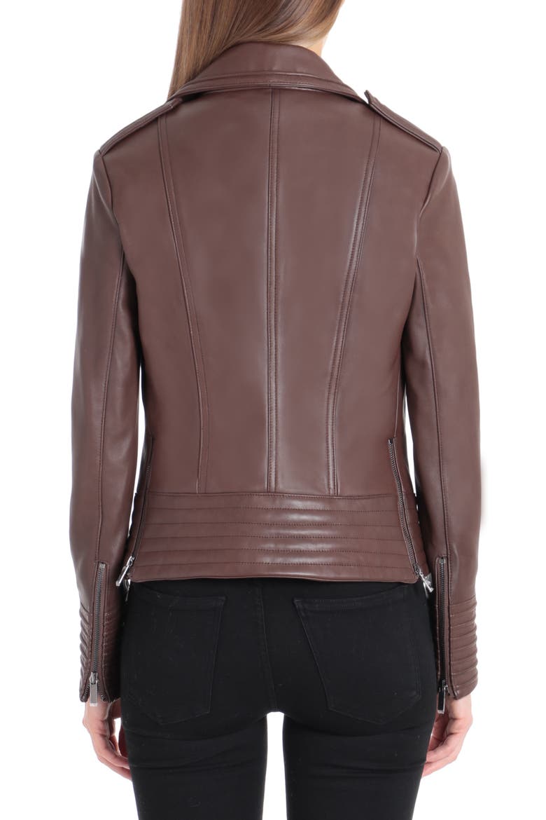 Badgley Mischka Gia Leather Biker Jacket, Alternate, color, CHOCOLATE