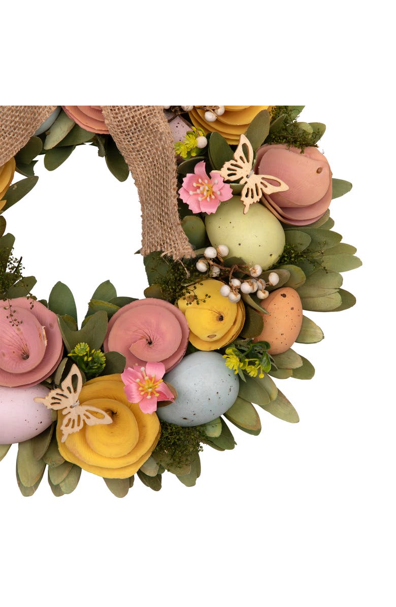 Northlight Shaved Wood Flowers Bunny Rabbit Silhouette Easter Wreath - 24", Alternate, color, Multi
