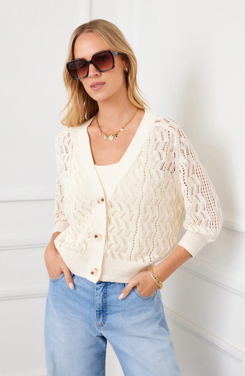 Karen Kane Puff Sleeve Cardigan Sweater, Alternate, color, Natural