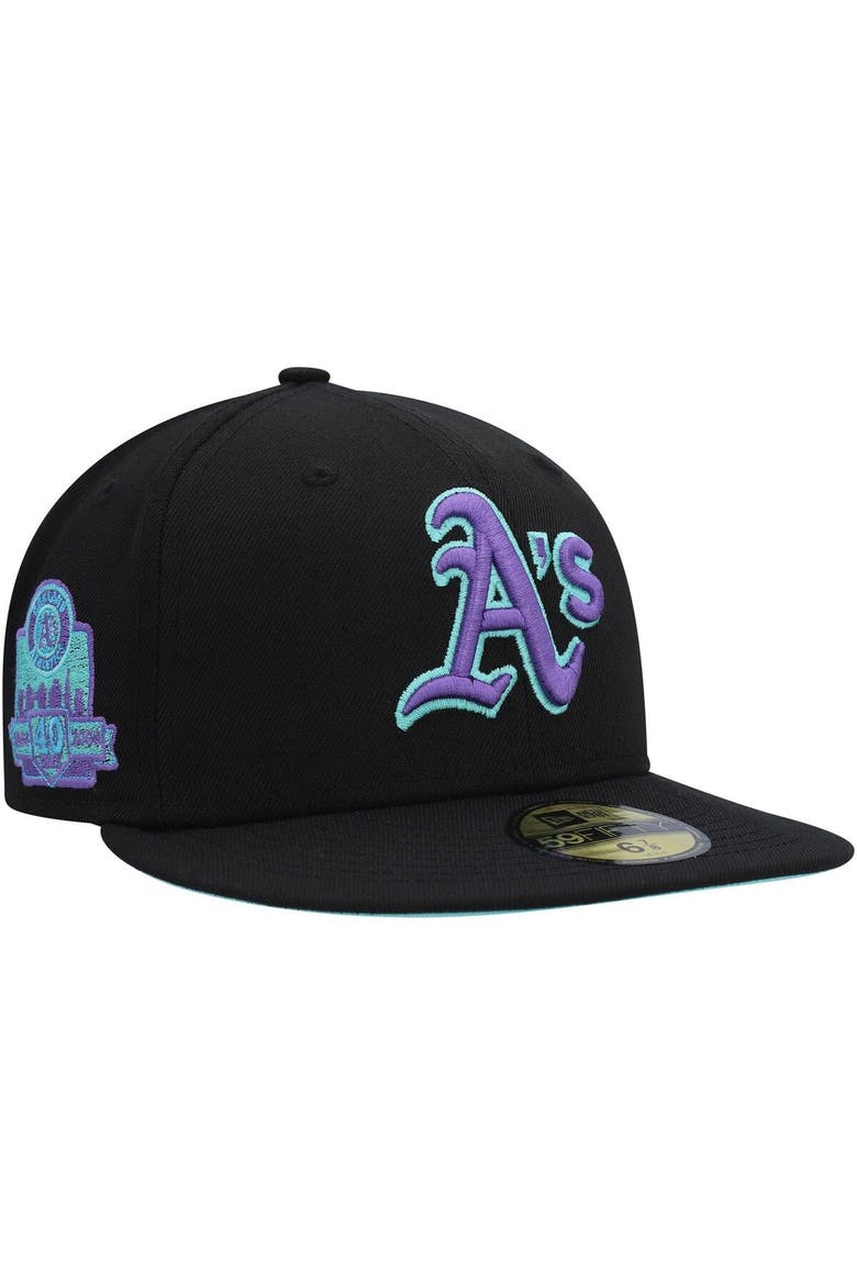 Men's New Era Black Oakland Athletics 40th Anniversary Black Light 59FIFTY Fitted Hat, Main, color, Black