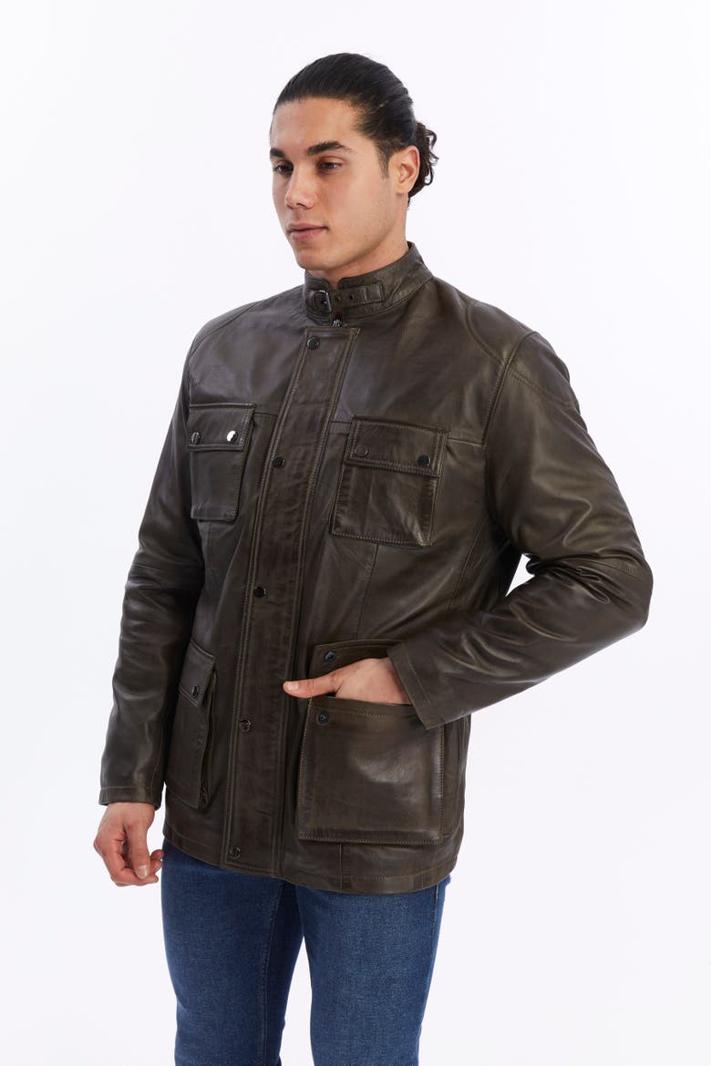 Utility Leather Jacket, Alternate, color, Brown