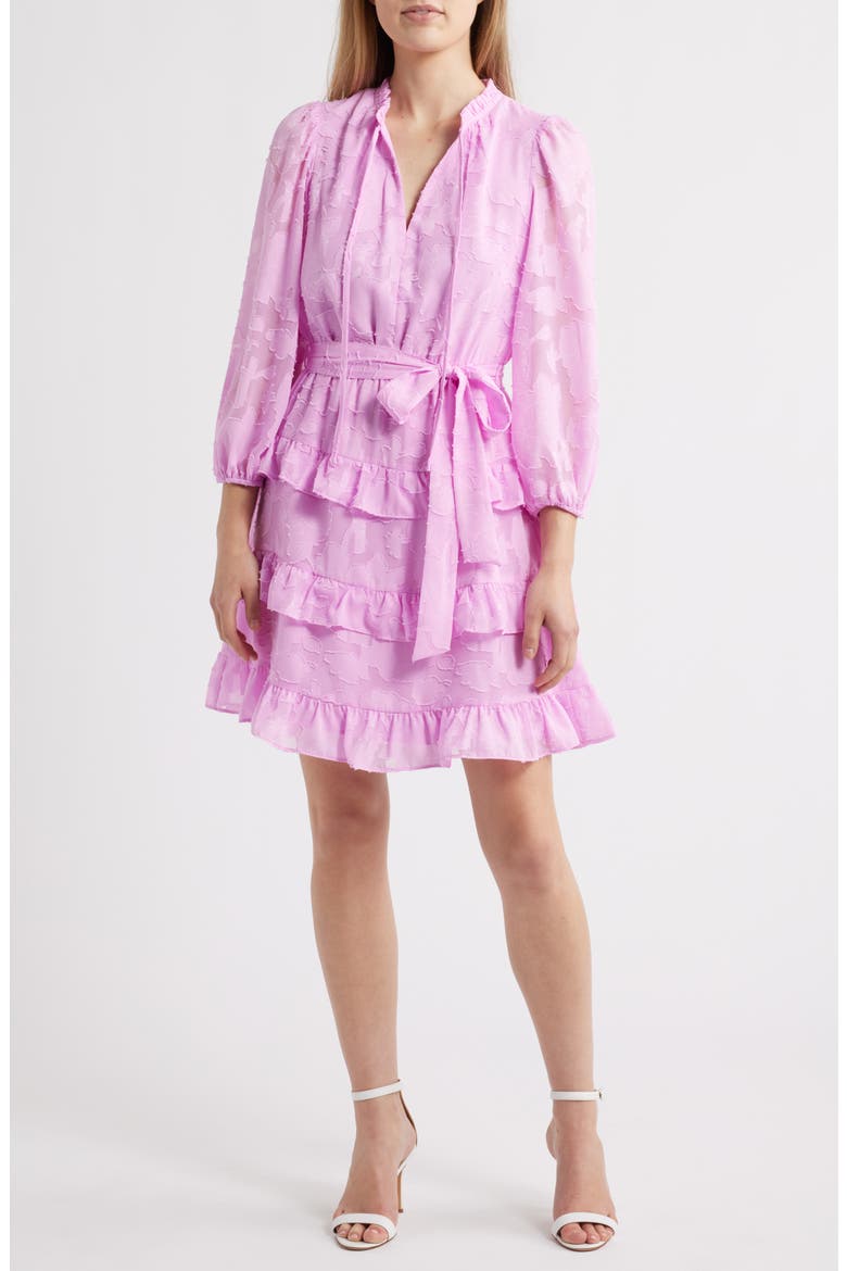 Tie Waist Long Sleeve Tiered Dress, Main, color, PEONY