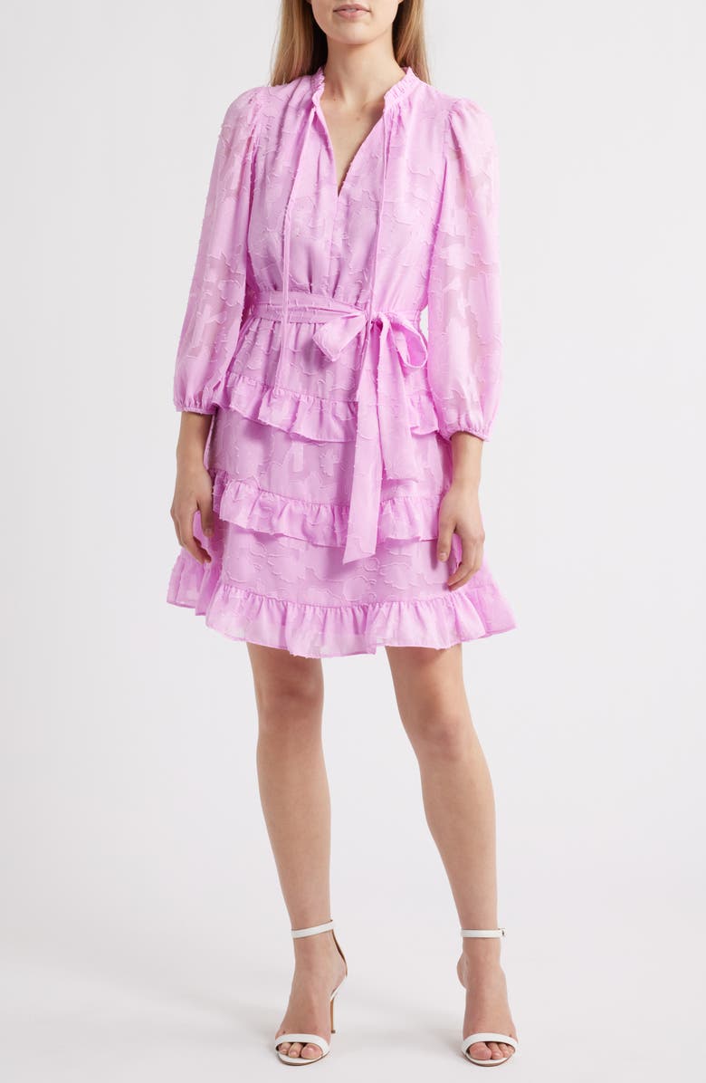 Eliza J Tie Waist Long Sleeve Tiered Dress, Main, color, 