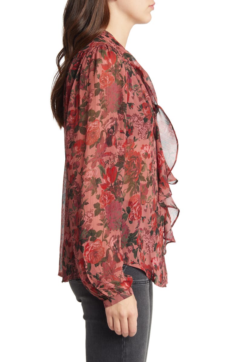 PAIGE Elynne Ruffle Floral Silk Button-Up Blouse, Alternate, color, Burgundy Dust Multi