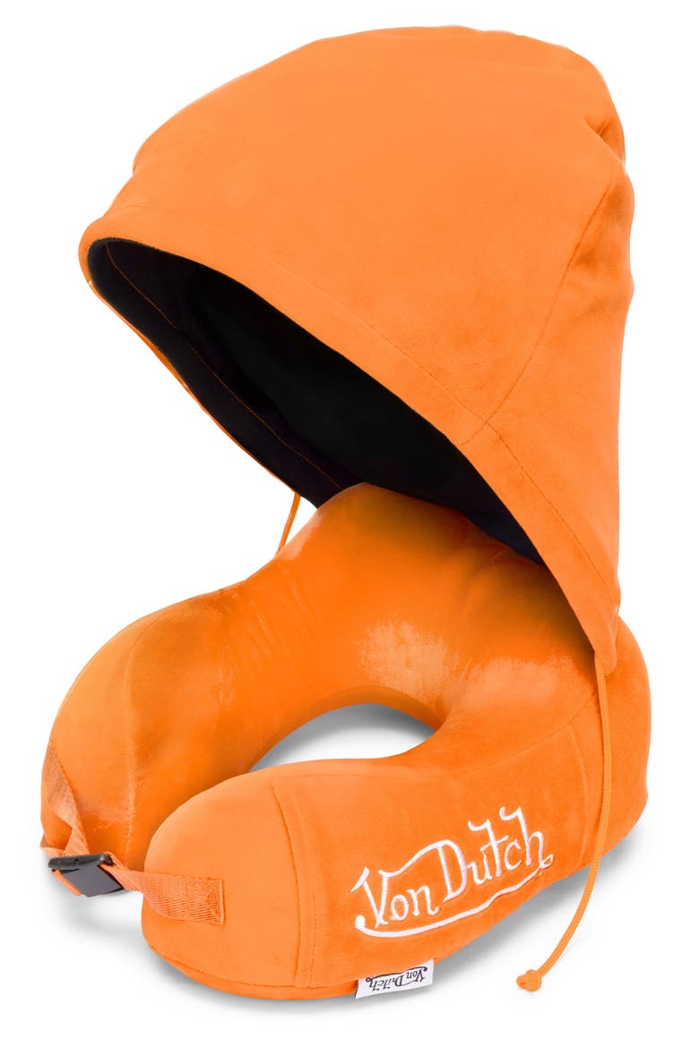 Eyeconic Hooded Ergonomic Memory Foam Travel Neck Pillow, Main, color, Orange