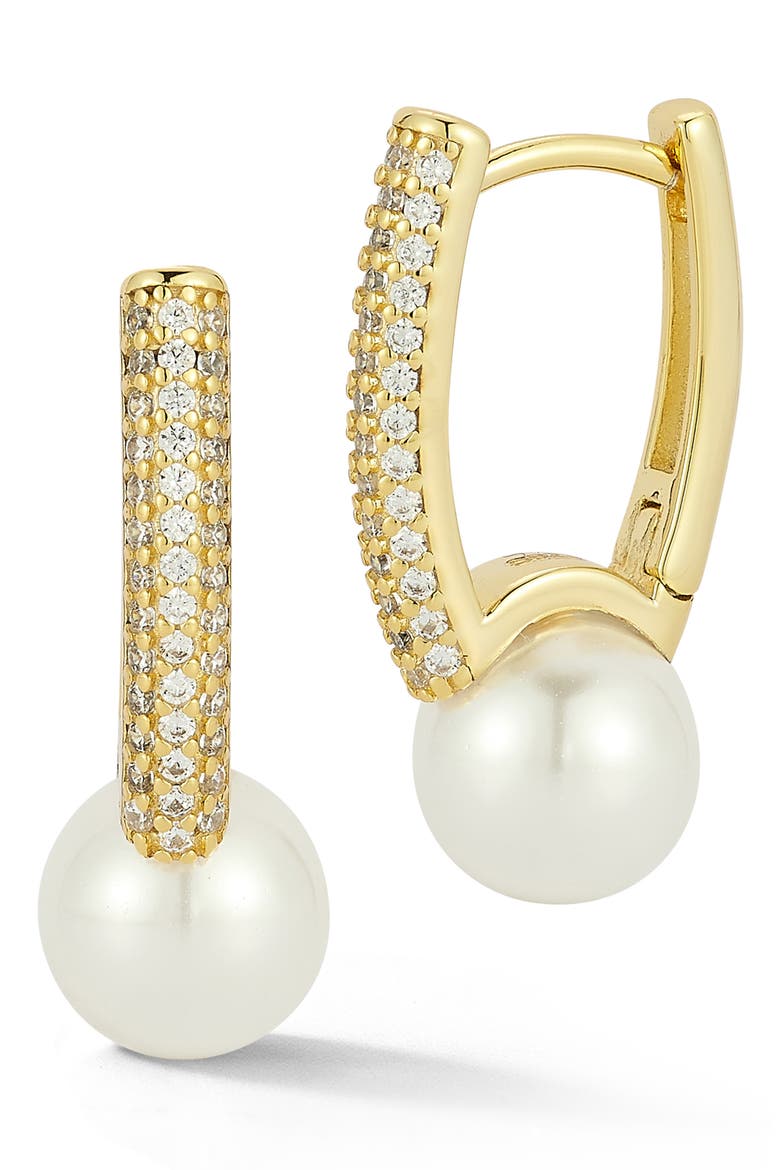 Cubic Zirconia & Cultured Pearl Hoop Earrings, Main, color, WHITE/ GOLD