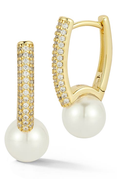 Cubic Zirconia & Cultured Pearl Hoop Earrings