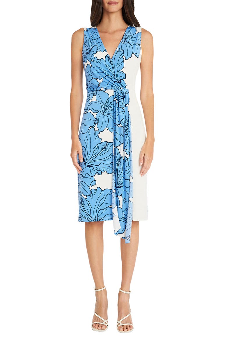 Floral Surplice Neck Faux Wrap Dress, Main, color, IVORY/ FRENCH BLUE
