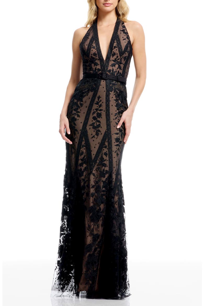 Devin Embroidered Lace Halter Evening Gown, Main, color, BLACK/NUDE