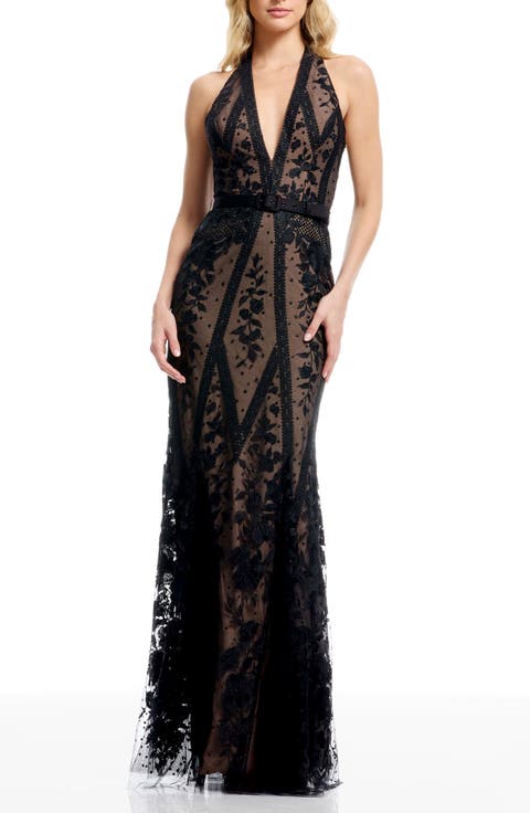 Devin Embroidered Lace Halter Evening Gown