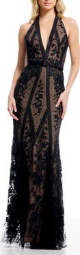 Dress the Population Devin Embroidered Lace Halter Evening Gown