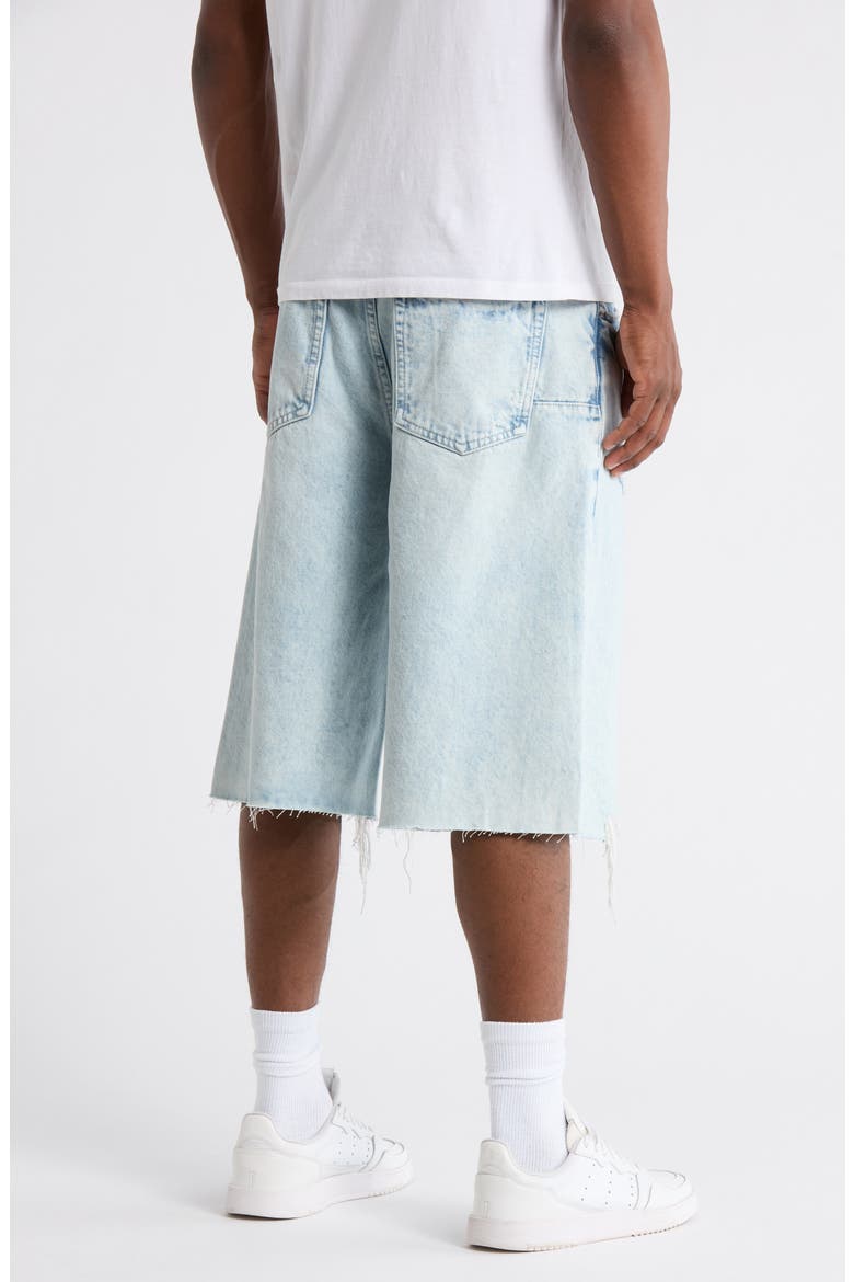 Blowout Patched Raw Hem Denim Shorts, Alternate, color, LIGHT INDIGO