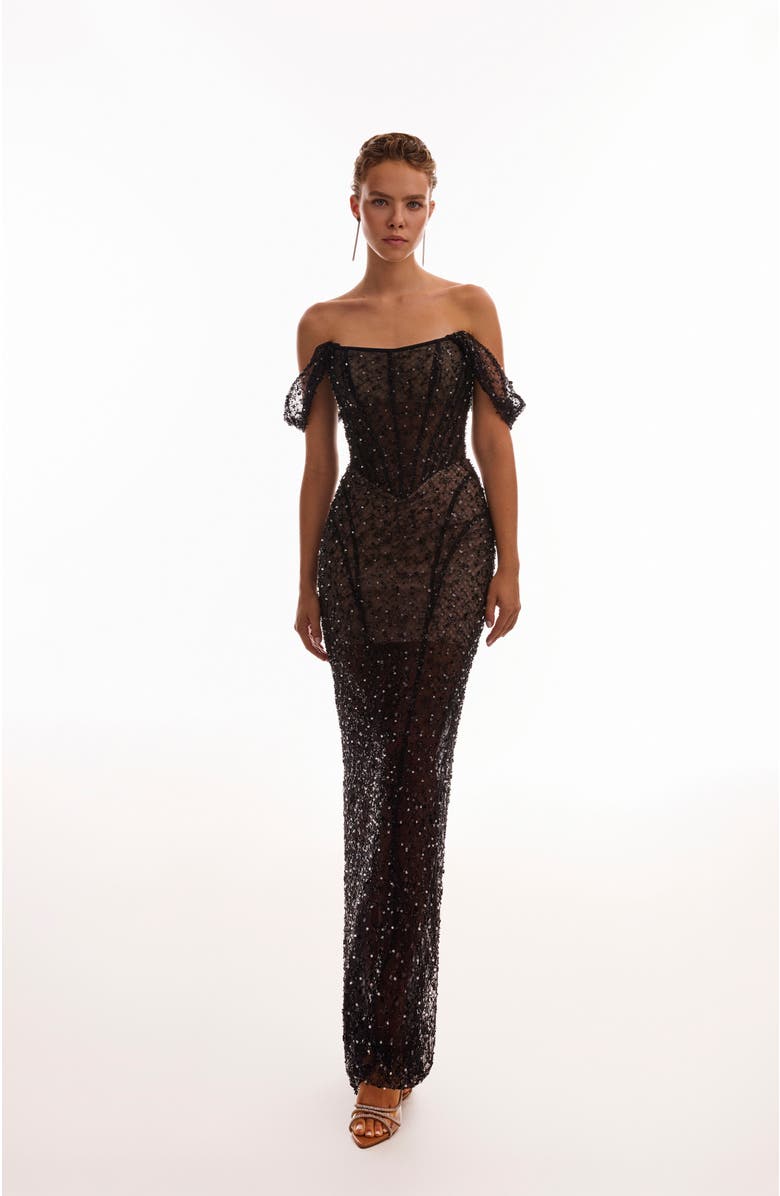 Milla Striking black sequined fitted maxi dress, Alternate, color,