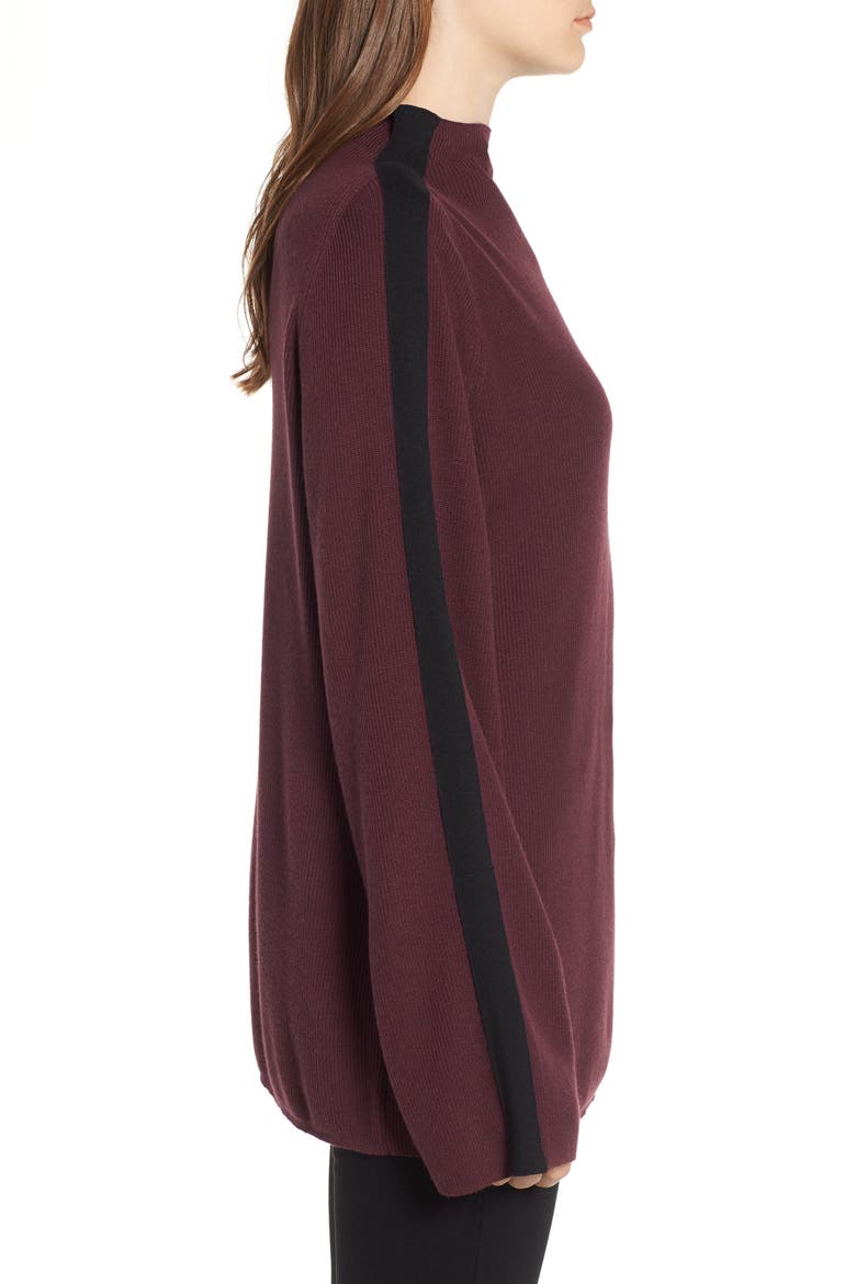 Racer Stripe Funnel Neck Sweater, Alternate, color, BURGUNDY STEM- BLACK