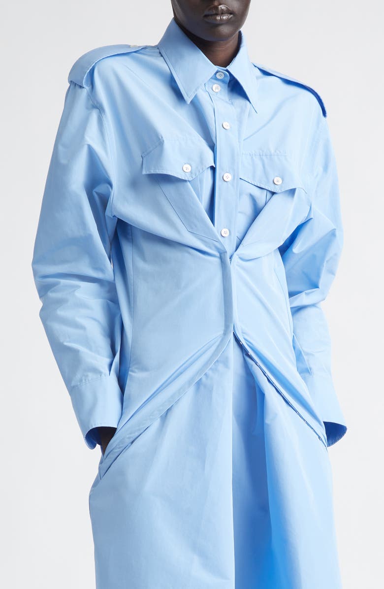 McQueen Long Sleeve Gathered Cotton Blend Shirtdress, Alternate, color, Sky Blue