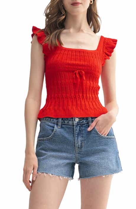 All in Favor Pointelle Ruffle Accent Knit Top
