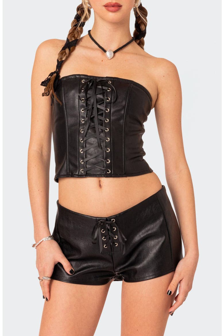 Wilde Faux Leather Lace-Up Strapless Corset Top, Main, color, BLACK