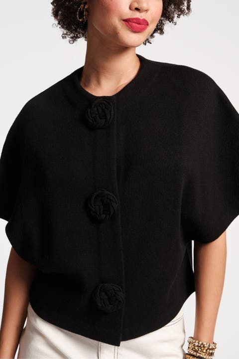 Carnegie Shrug Solid w/Floral Button 100% Merino Wool