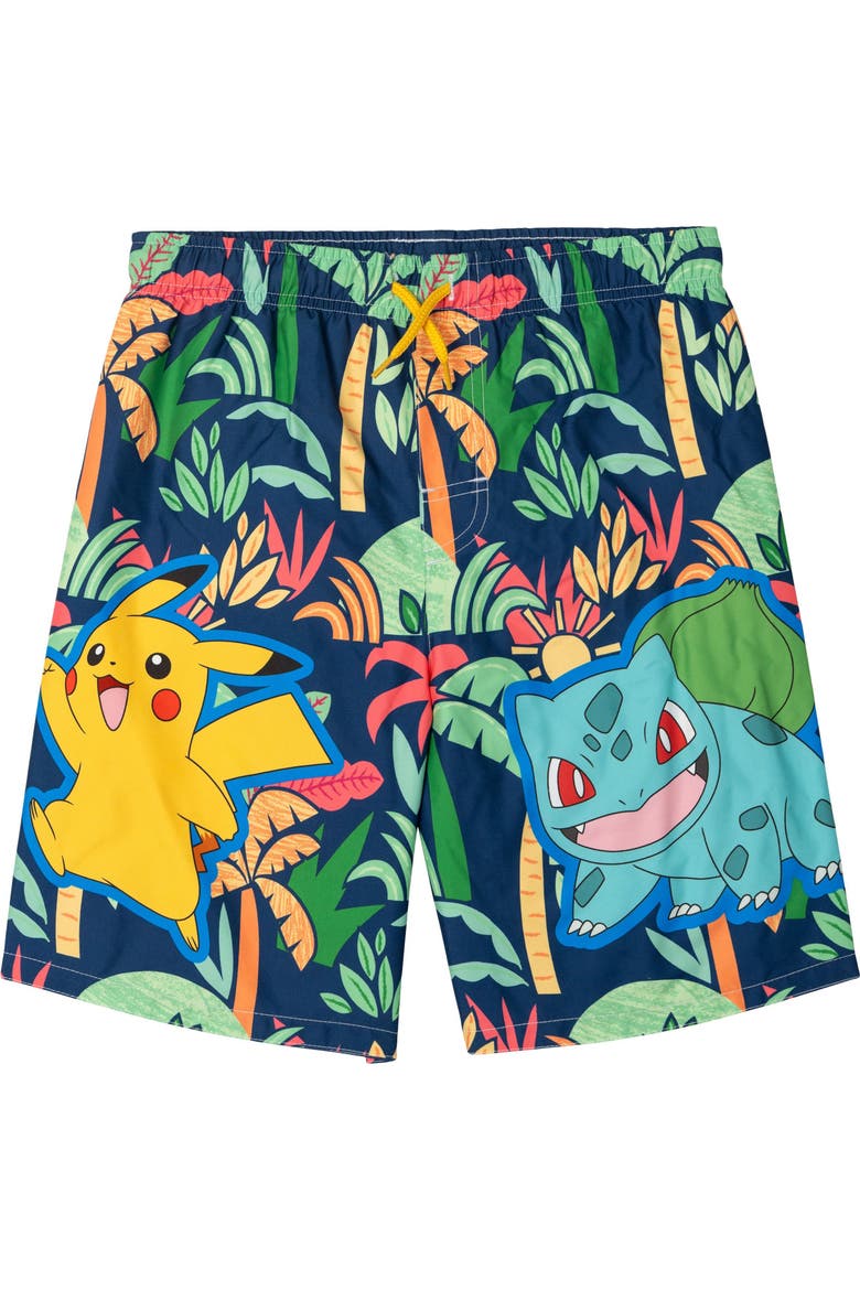 Swimwear Bathing Suit Swim Trunks UPF 50+, Main, color, Pikachu Bulbasaur Navy