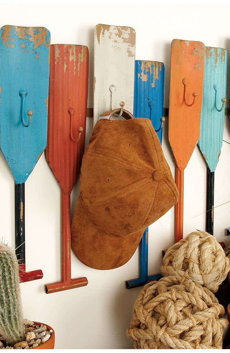 WILLOW ROW Multi Colored Metal Indoor/Outdoor Distressed Oar Shaped 8 Hanger Paddle Wall Hook, Alternate, color,