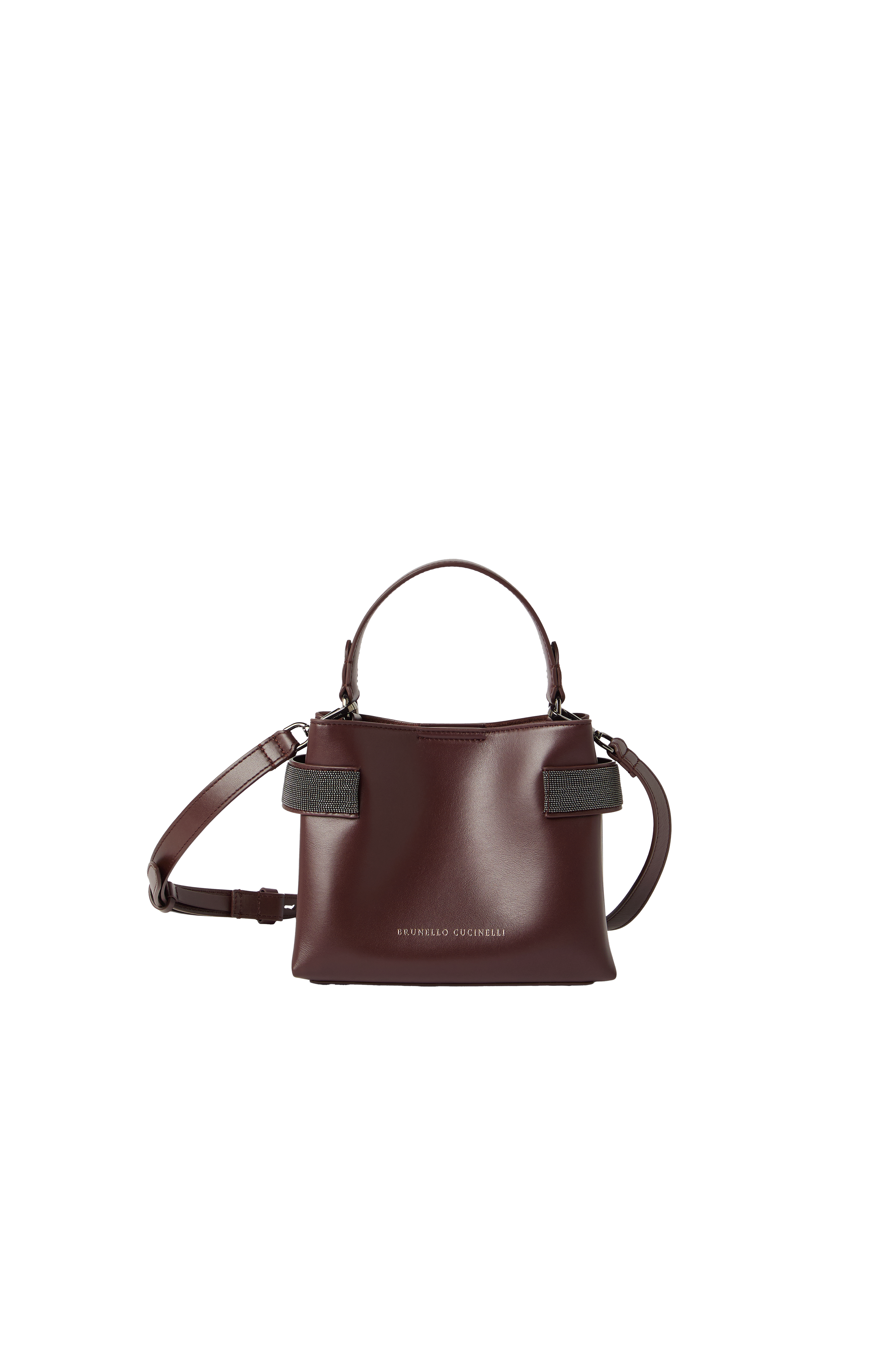 Essence small top-handle bag in calfskin with precious bands, Alternate, color, Burgundy
