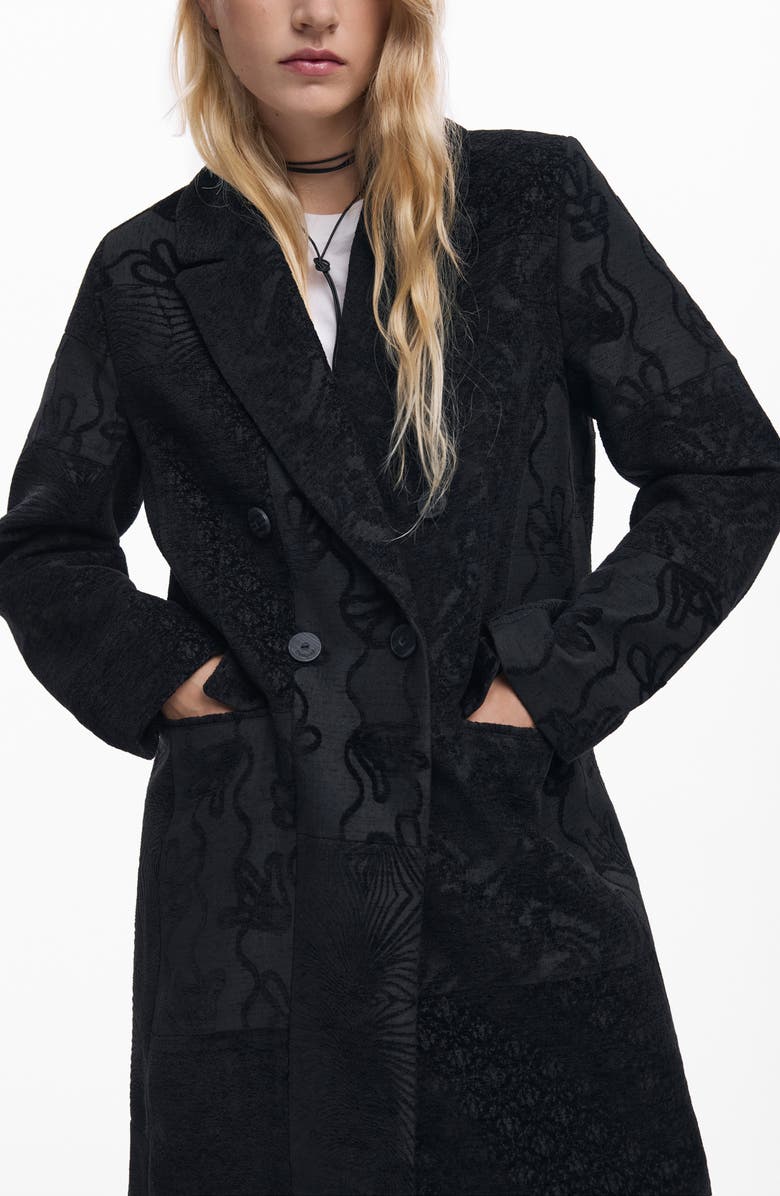 Desigual Embroidered Double Breasted Coat, Alternate, color, Black