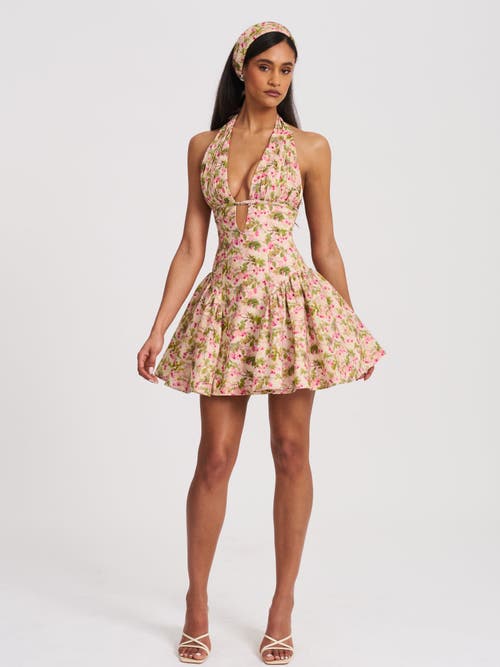 Miss Circle Mackenzie Floral Print Halter Linen Mini Dress In Multi