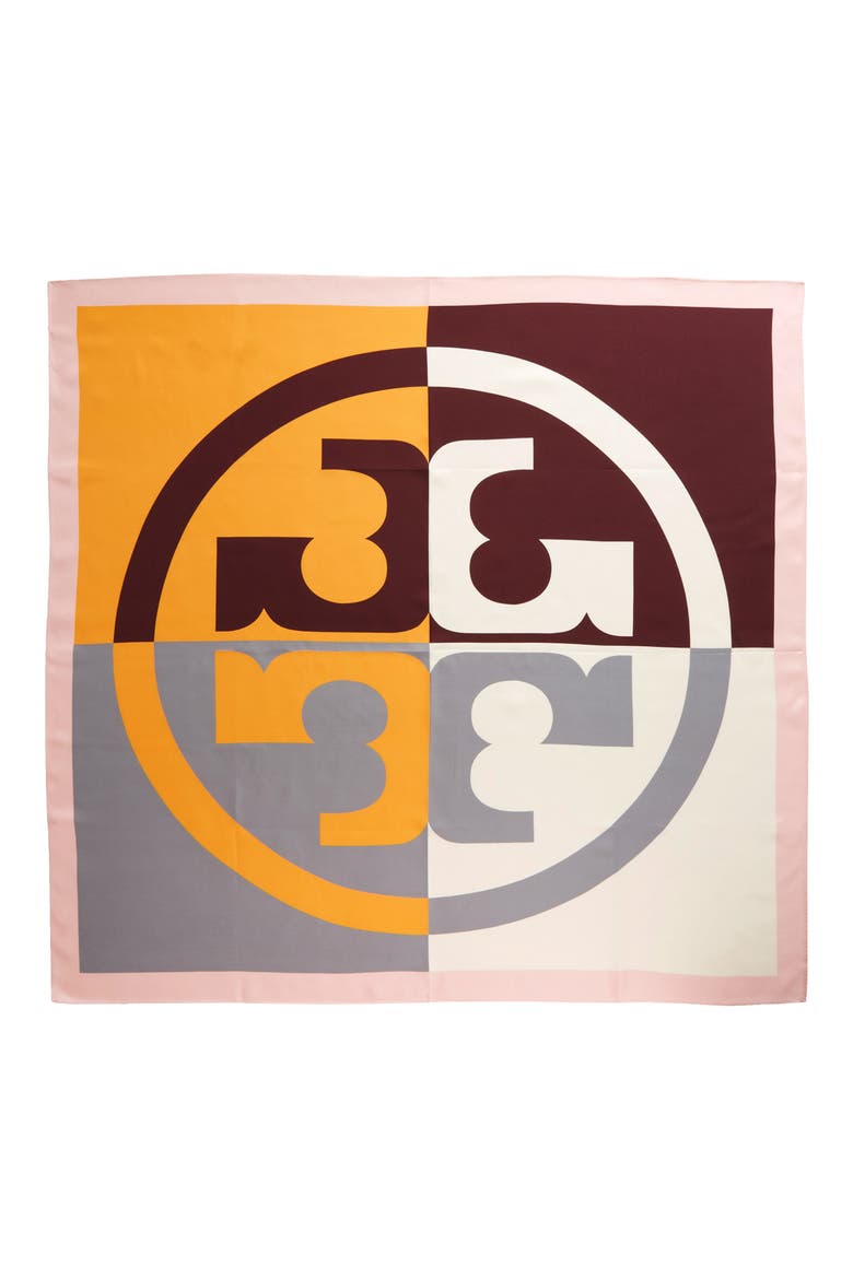 Colorblock Monogram Silk Square Scarf, Alternate, color, COLOR-BLOCK SQUARE ORANGE