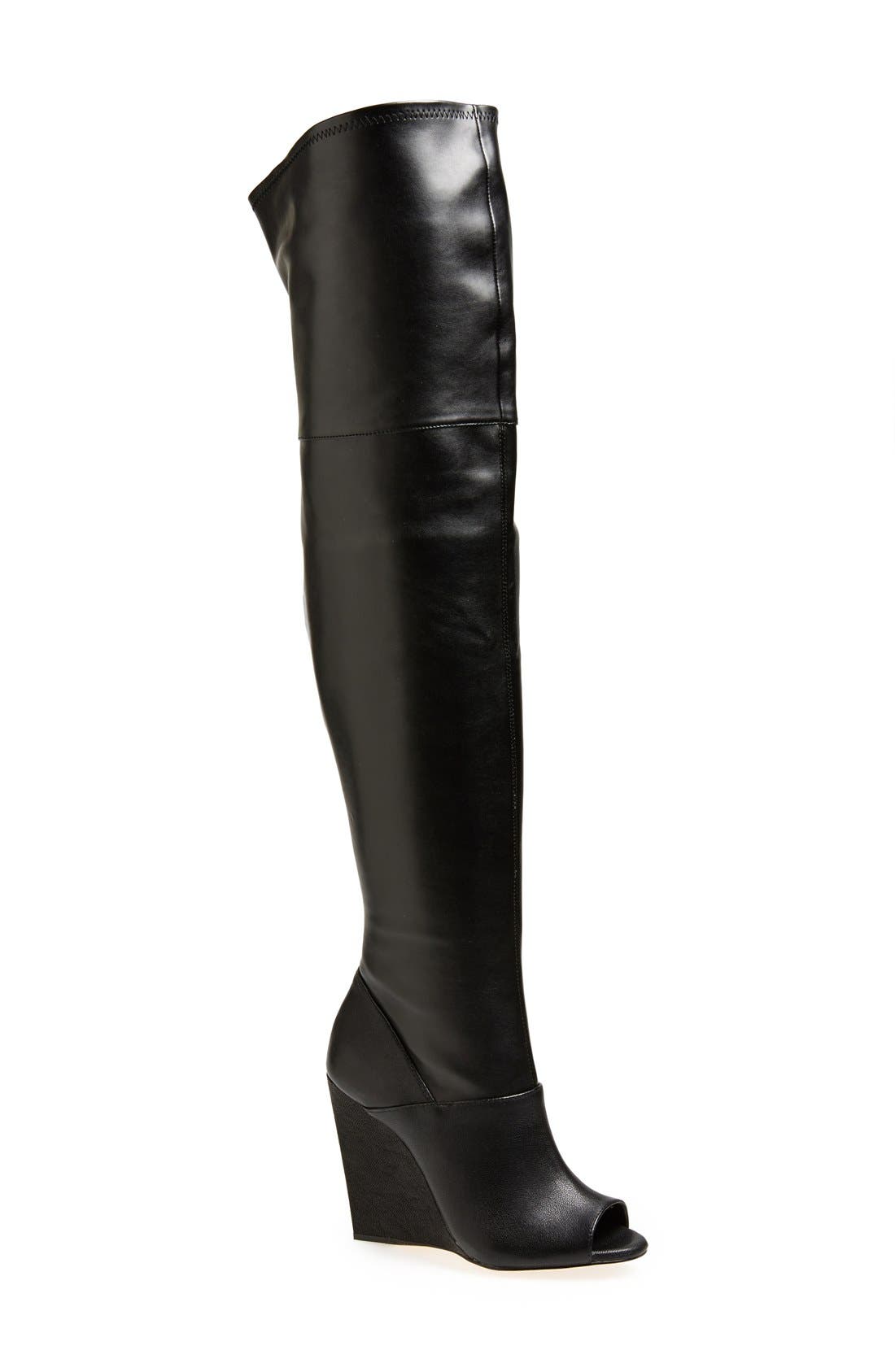 'Deanna' Over the Knee Leather Peep Toe Boot, Main, color, BLACK