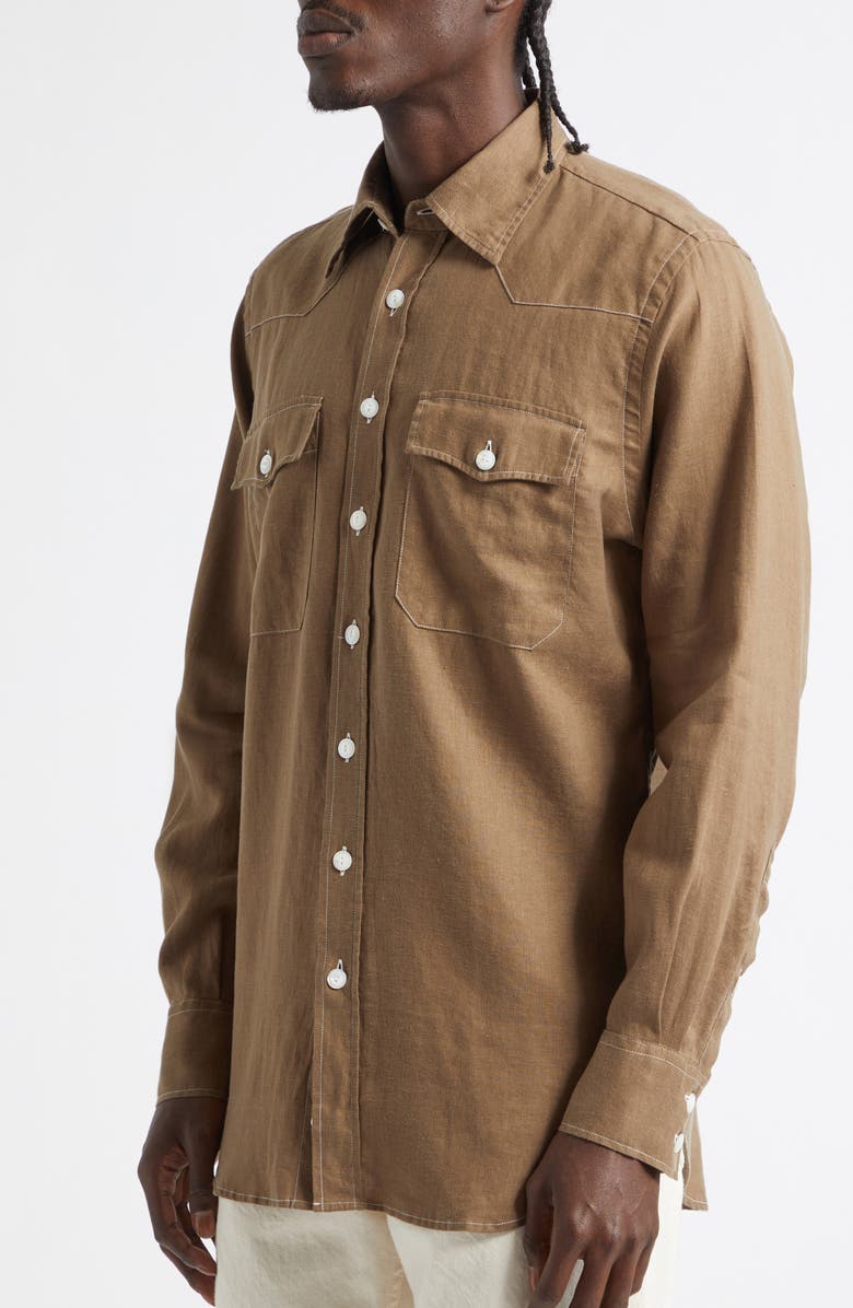 Drake's Western Linen Button-Up Shirt, Alternate, color, Brown