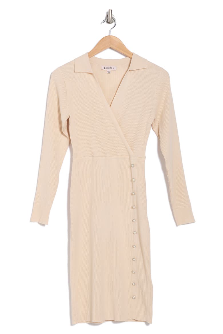 Long Sleeve Faux Wrap Sweater Dress, Alternate, color, LIGHT TAN