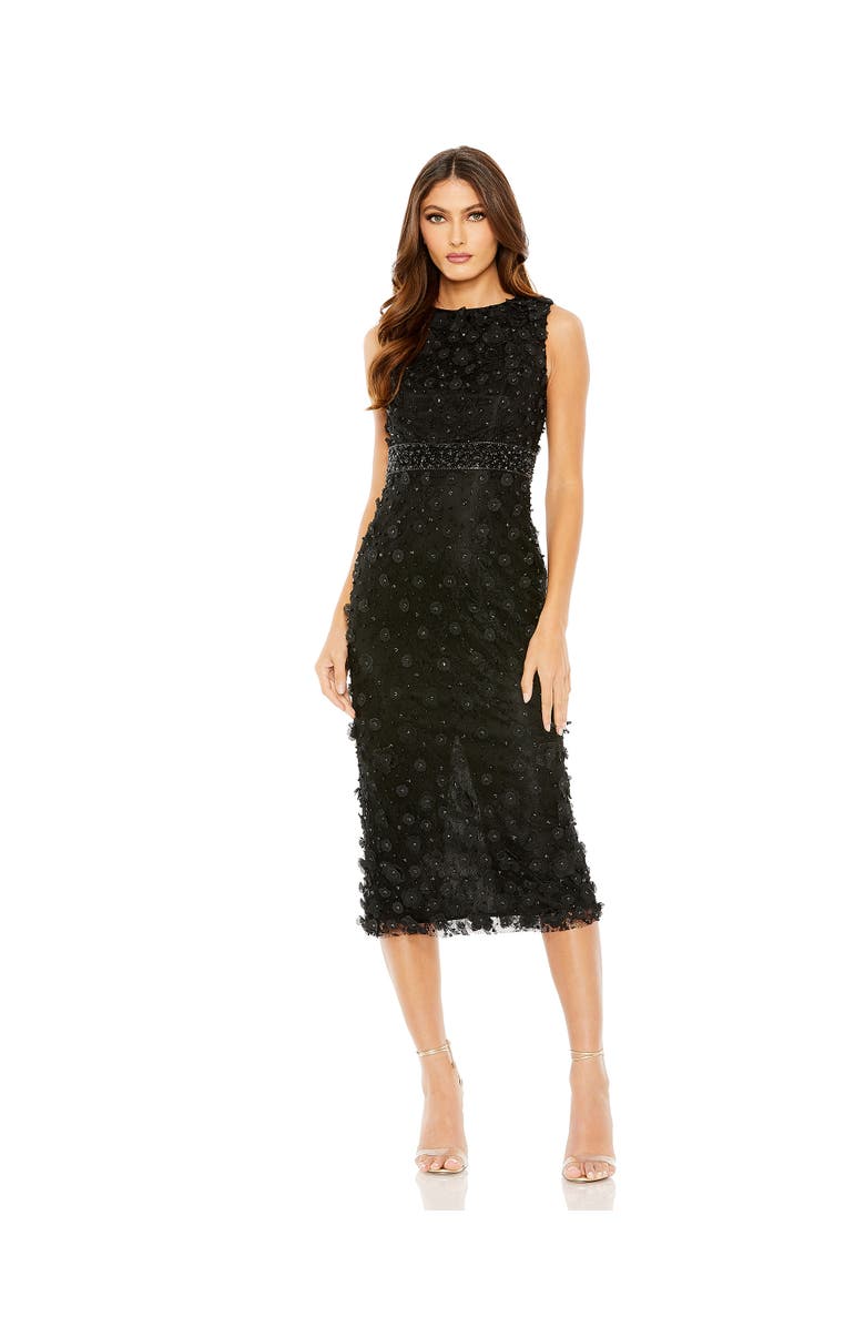 Mac Duggal Floral Applique High Neck Sleeveless Midi Dress, Main, color, Black