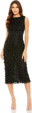 Mac Duggal Floral Applique High Neck Sleeveless Midi Dress