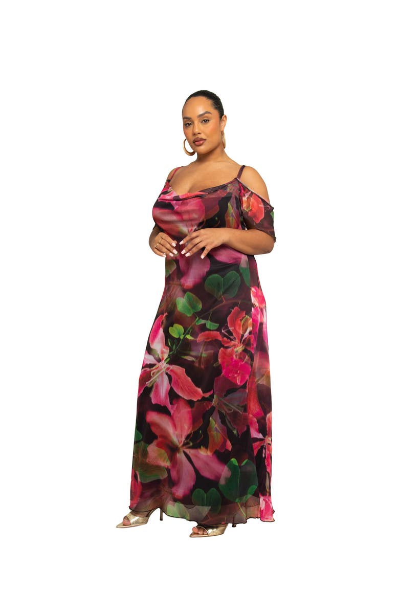 FASHION-SZN CURVE Mesh Off The Shoulder Printed Maxi Dress, Alternate, color, 