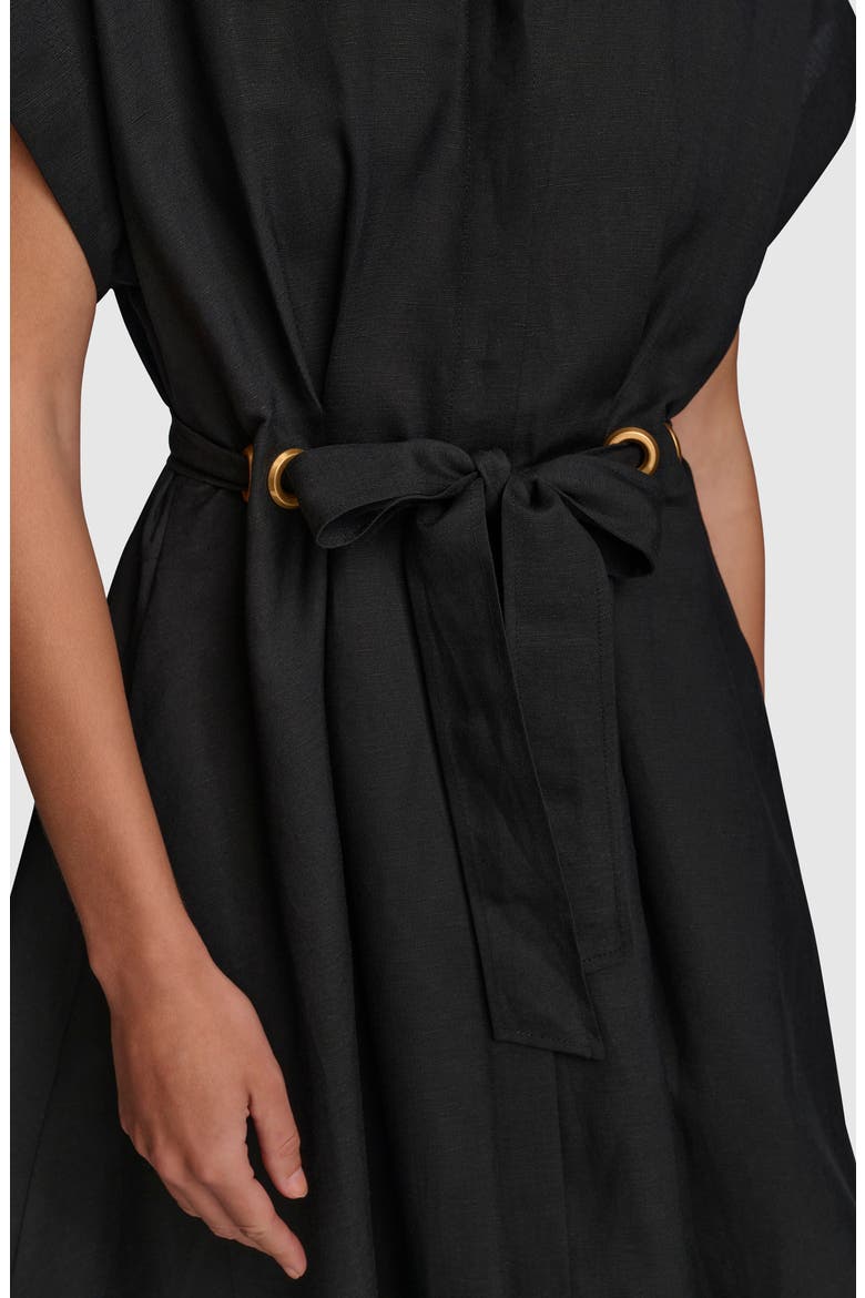 Drawstring Waist Linen Blend Shirtdress, Alternate, color, BLACK
