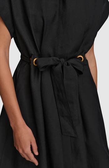 Donna Karan New York Drawstring Waist Linen Blend Shirtdress