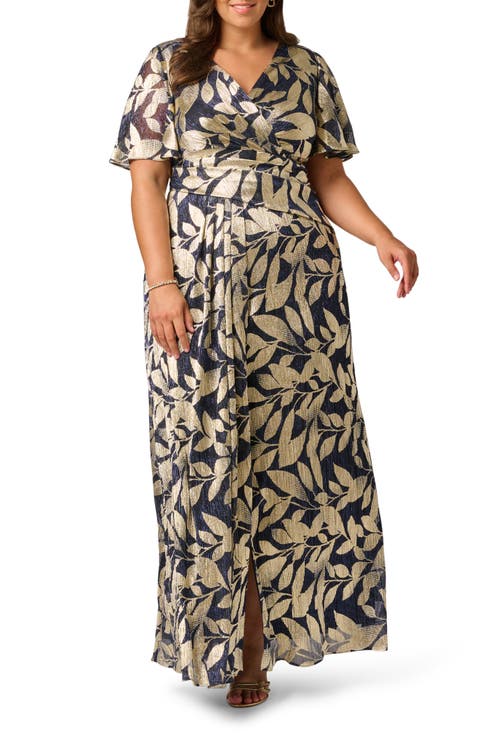 Metallic Leaf Jacquard Draped Gown (Plus)