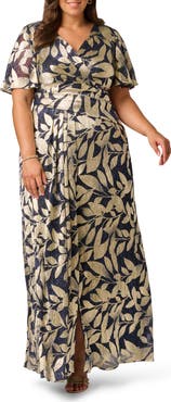 Adrianna Papell Metallic Leaf Jacquard Draped Gown