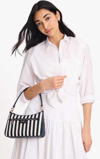 hudson stripe canvas & leather shoulder bag