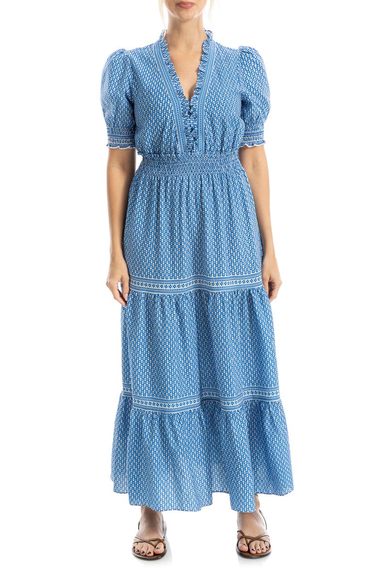 Floral Short Sleeve Tiered Maxi Dress, Main, color, CREAM/ BLUE