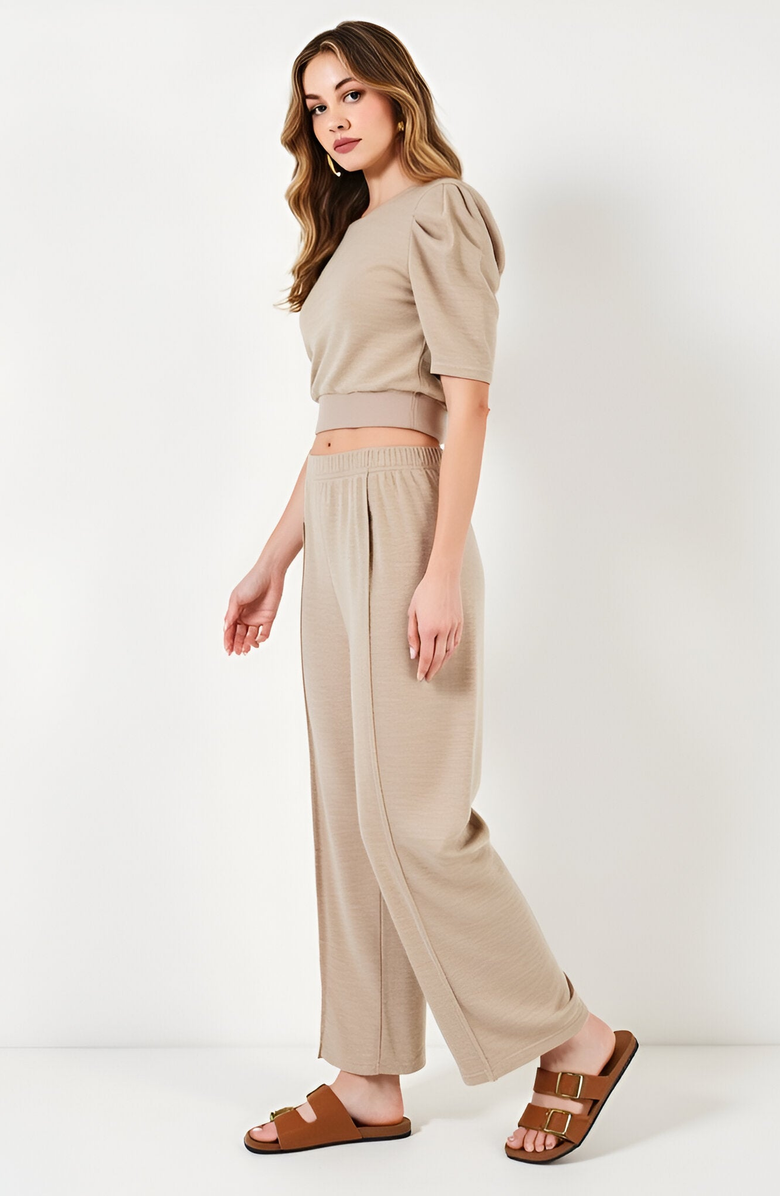 Modenaire Stretch Waistband Puff Sleeve Knit Top and Wide Leg Pants Set, Alternate, color, Beige