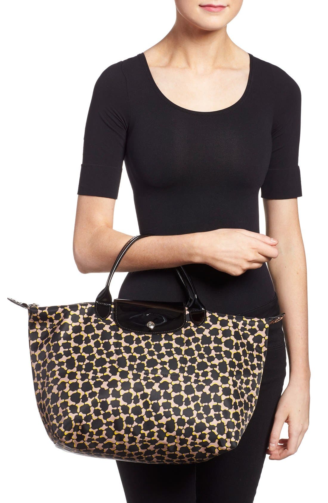 'Le Pliage - Neo Fantaisie Medium' Geo Print Nylon Tote, Alternate, color, BLACK