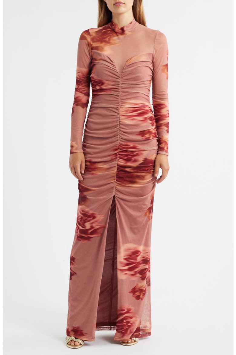 Wendy Floral Ruched Long Sleeve Gown, Main, color, NEUTRAL FLORAL