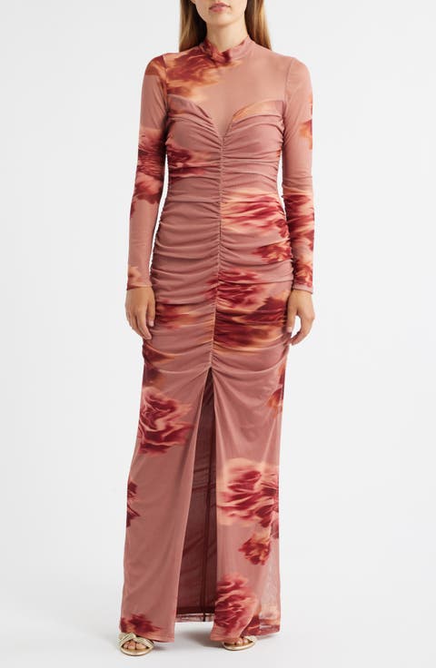 Wendy Floral Ruched Long Sleeve Gown