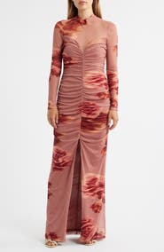 Black Halo Wendy Floral Ruched Long Sleeve Gown