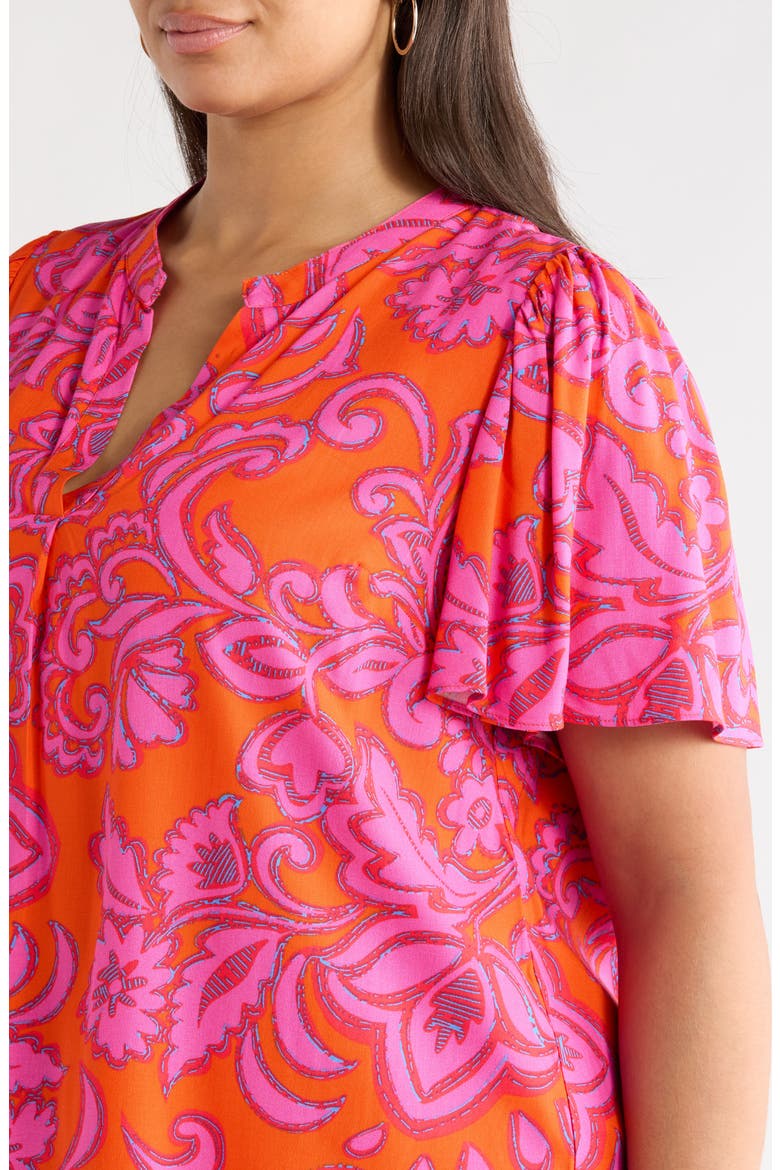 Marinda Floral Print Flutter Sleeve Top, Alternate, color, ORANGE-FUCHSIA