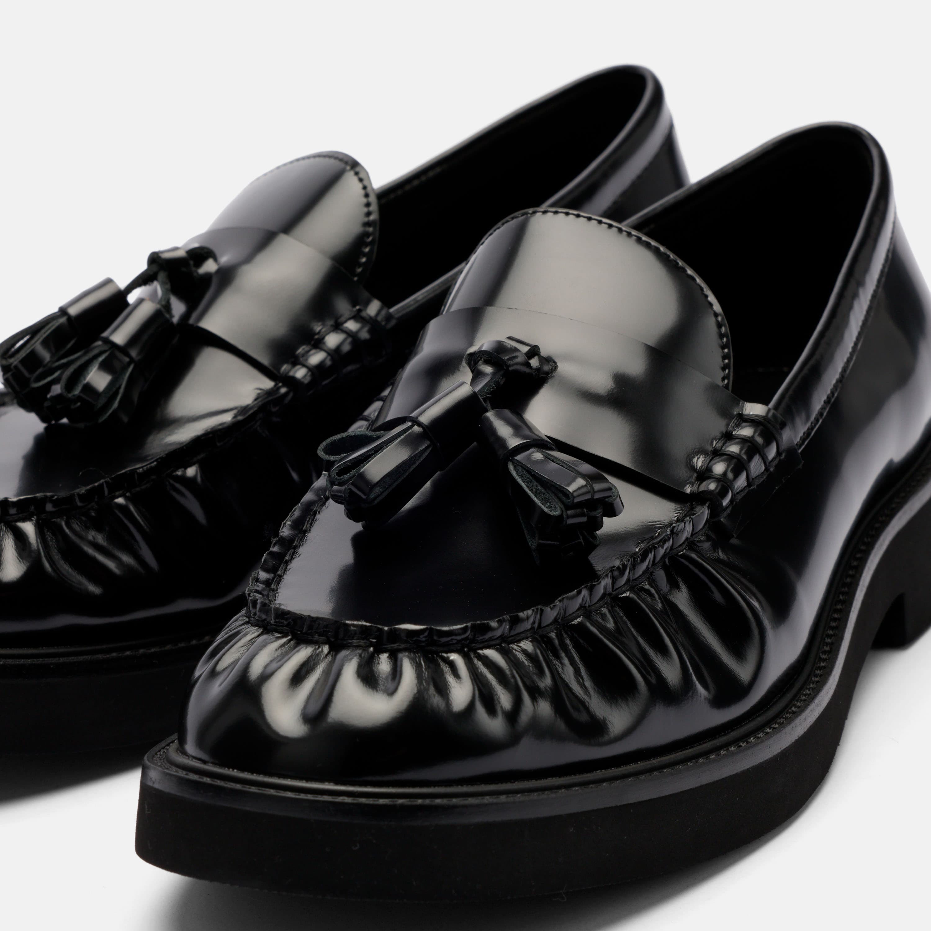 Ella Black Pleated Leather Tassel Loafer, Alternate, color, Black