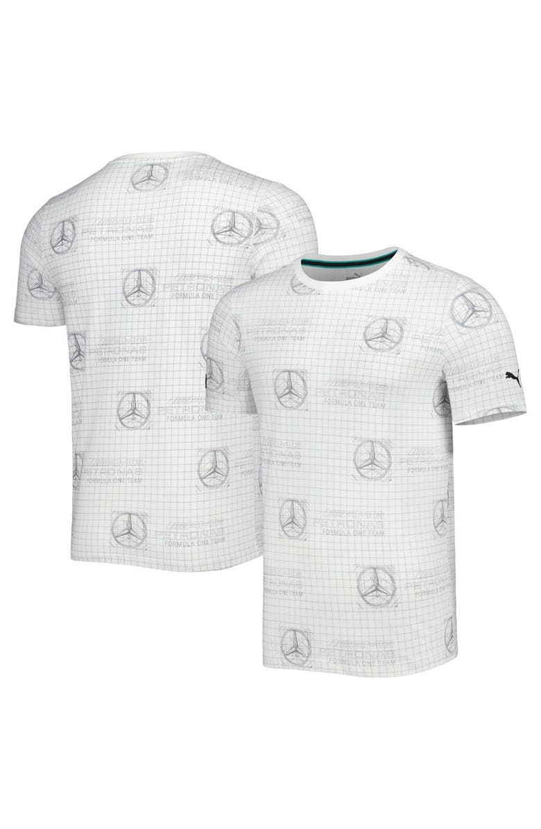 PUMA Men's Puma White Mercedes-AMG Petronas F1 Team Allover Print Logo T-Shirt, Main, color, 