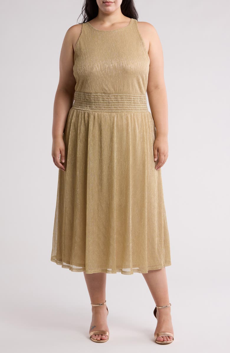 Marina Smocked Waist Midi Cocktail Dress, Main, color, Gold