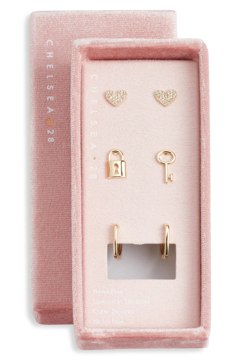 Set of 3 Demi Fine Stud & Huggie Hoop Earrings, Main, color, CLEAR- GOLD